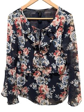 WHBM Floral Ruffle Tie-Neck Blouse - Navy with Pink & Blue Flowers